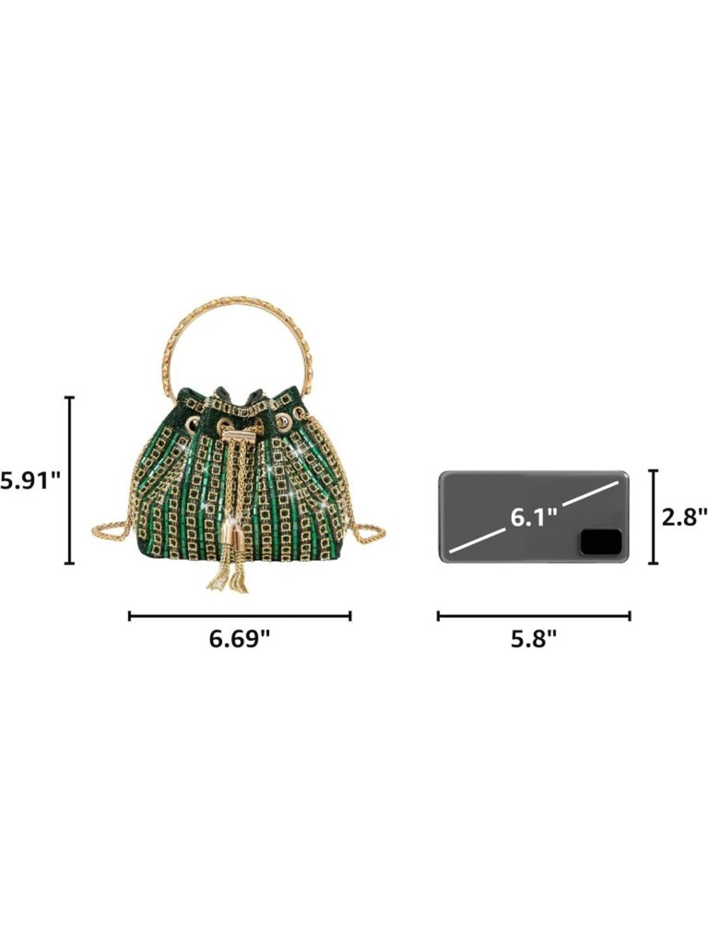 Women's Green Sparkly Rhinestone Clutch Purse Bucket Evening Bag with Chain - Picture 3 of 6